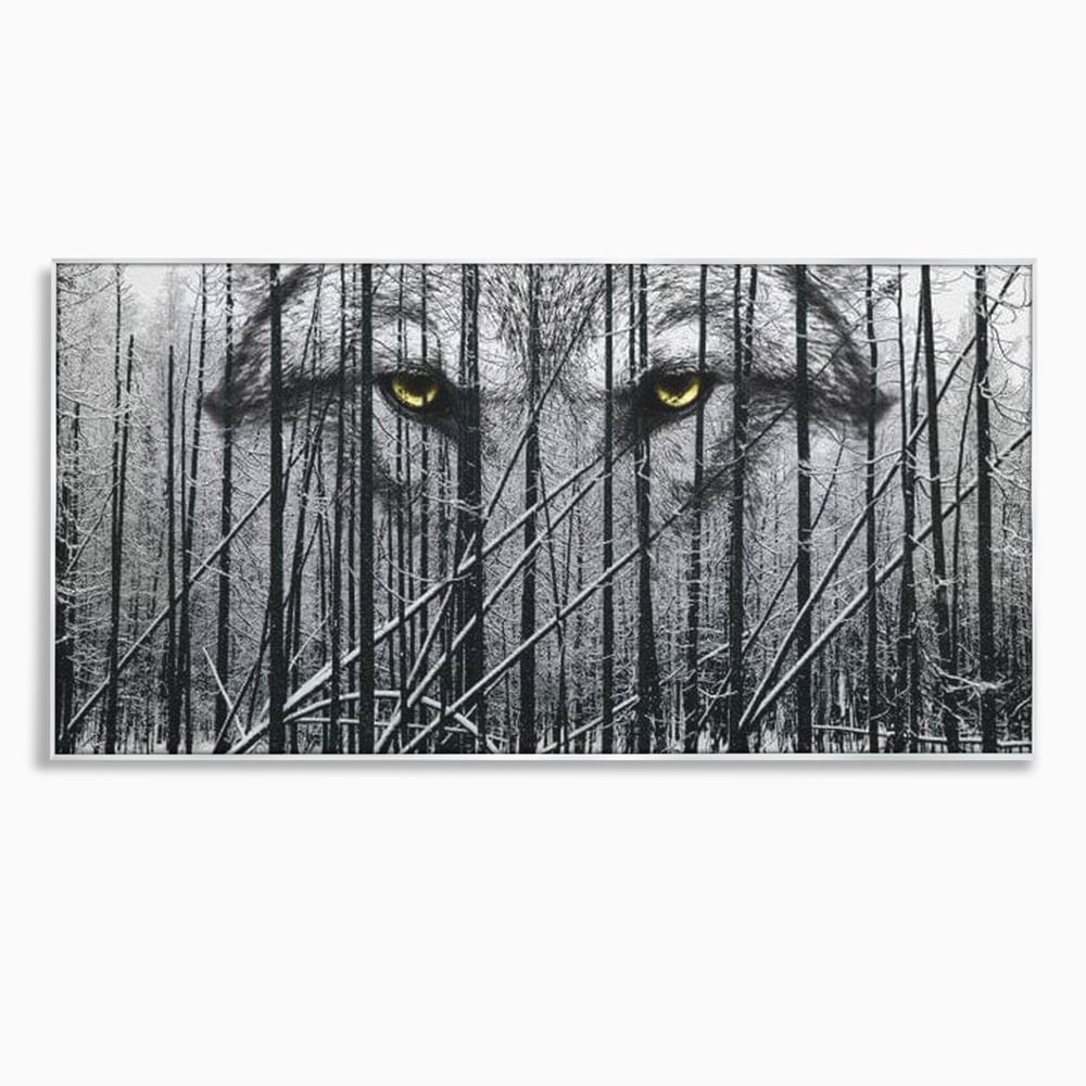 Tablou canvas cu tablou canvas cu ochi de lup si padure iarna, in rama de aluminiu argintiu